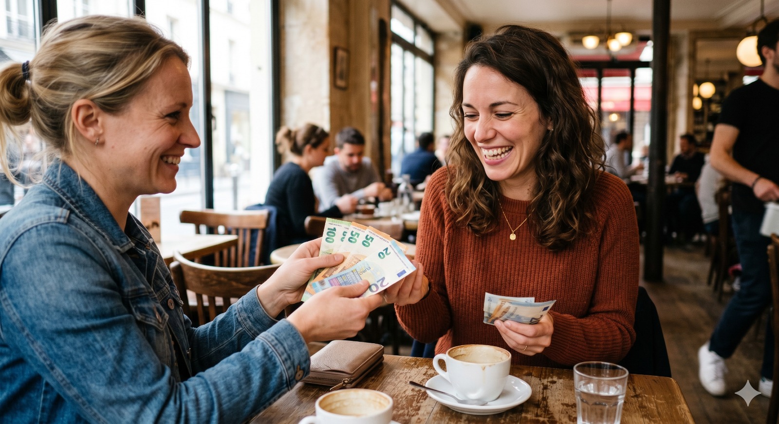Deux femmes échangent de l'argent dans un café — l'argent circule entre humains